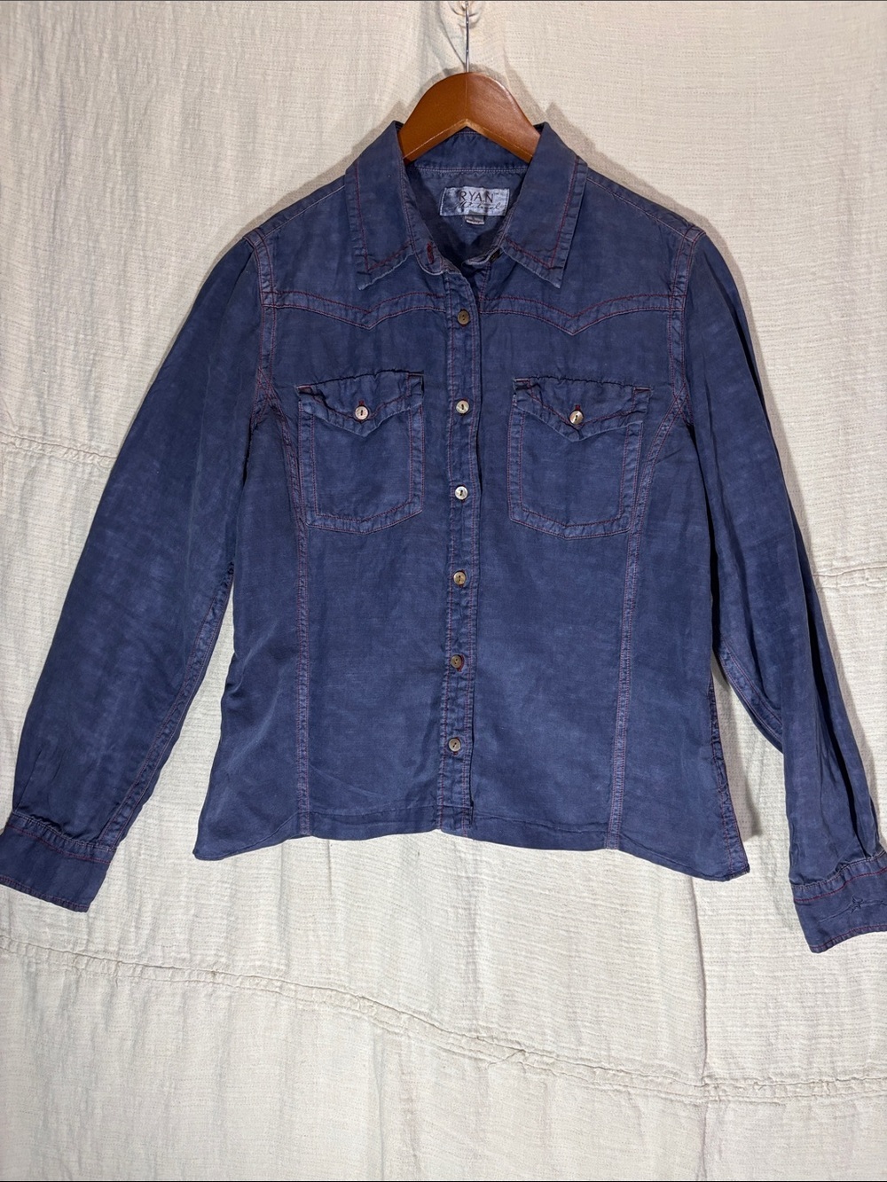 Ryan Michael Silk Linen Western Pearl Shell Button Down Shirt Size L EUC